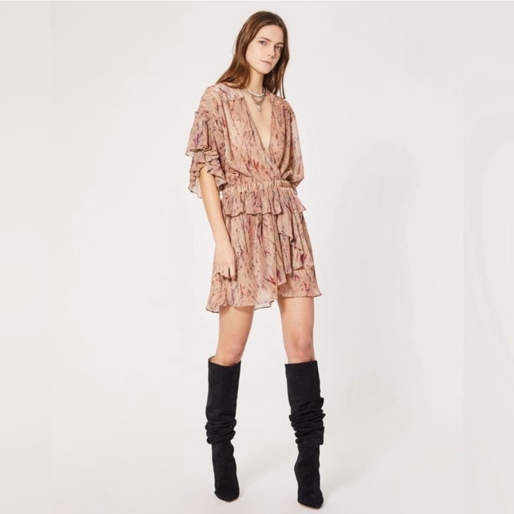 IRO Buoux Metallic Print Ruffle V-Neck Mini A-Line Dress